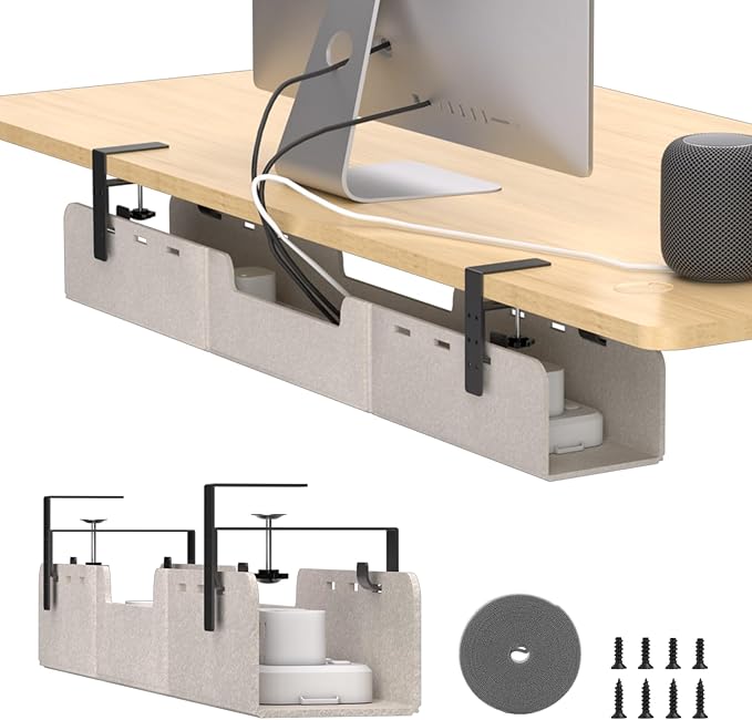 ERGO COLLECT Under Desk Cable Management Tray,No-Drill Upgraded Thickened Felt Cord Organizer with Clamp or Screw Mount,Cable Holder for Standing Desk,Home Or Office(Beige, 31.5")