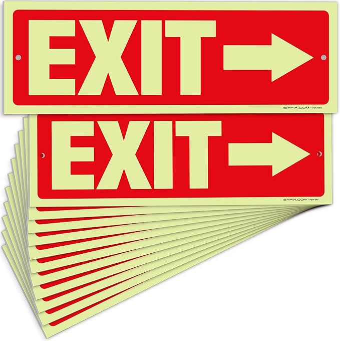 iSYFIX Exit Signs with Directional Right Arrow - 12 Pack 12x4 Inch Glow in the Dark for Business, School, Office, Warehouse - Durable 40 Mil Polystyrene, UV Laminated, Waterproof, Scratch & Fade Resistant