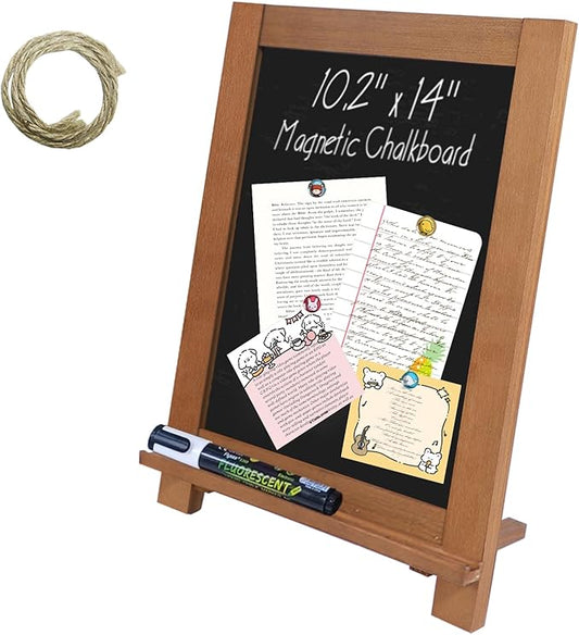 Newzealkids Tabletop Chalkboard Signs 10.2"x14" Magnetic Small Chalkboard Sign, Desktop Standing/Wall Hanging Blackboard with Liquid Chalk Marker, Wood Framed Menu Board for Kitchen, Café, Home Decor