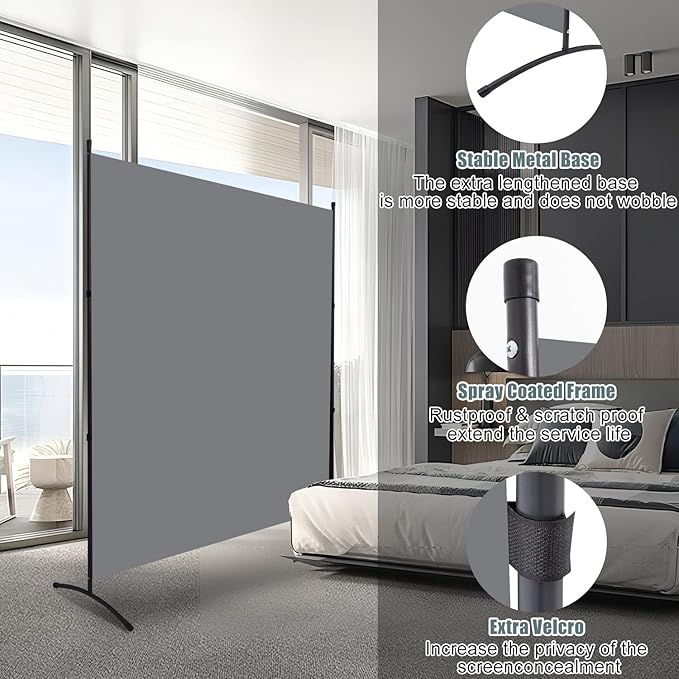 Room Divider Single Panel Privacy Screen, 71''x72''H Large Divider for Room Separation, Thickened Fabric 6FT Room Divider Wall Screen for Bedroom Office School, Portable Partition Room Dividers, Grey