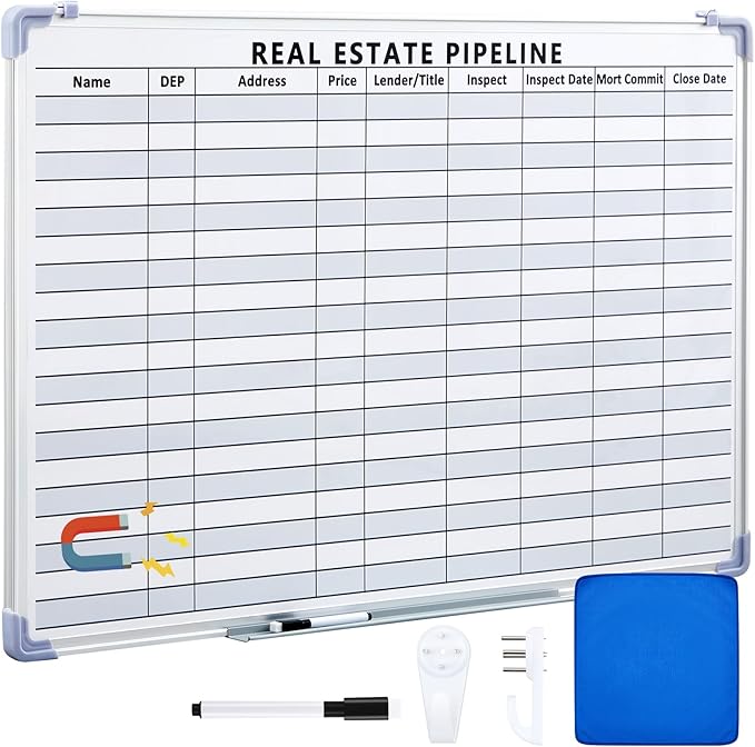 Lincia 36"x 24" Real Estate Whiteboard Lined White Board Dry Erase Real Estate Supplies Visual Transaction Tracking Whiteboard Erasable Surface Hanging Board with Sliding Tray for Wall