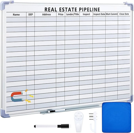 Lincia 36"x 24" Real Estate Whiteboard Lined White Board Dry Erase Real Estate Supplies Visual Transaction Tracking Whiteboard Erasable Surface Hanging Board with Sliding Tray for Wall
