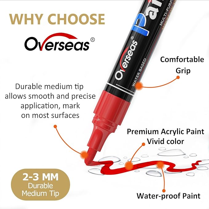 Overseas Black Paint Pens Paint Markers - Permanent Acrylic Markers 12 Pack, Water-Based, Quick Dry, Waterproof Marker Pen for Rock, Wood, Plastic, Metal, Canvas, Glass, Fabric, Mugs. Medium Tip