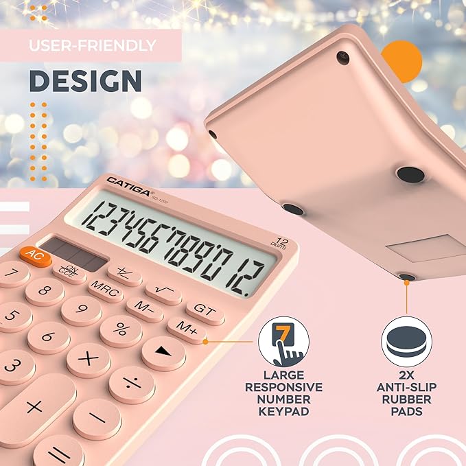 CATIGA 12 Digit Desktop Calculator Basic Desk Calculator with Large LCD Display, Big Buttons, 4 Function, Solar and Battery Dual Power, for Office, School, Home, SD-1292 Pink