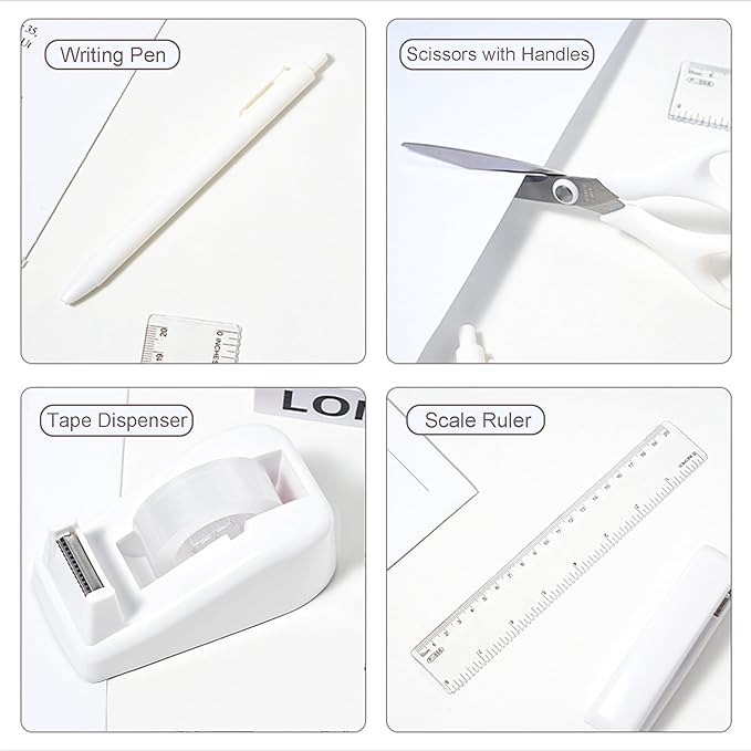 COMFYROOM Desk Accessories with Pen Holder, Office Supplies Desk Organizers and Accessories, Tape Dispenser, Stapler, Staple Remover, Staples, Clips Set, Ruler, Scissor, Pen, Tape (White)