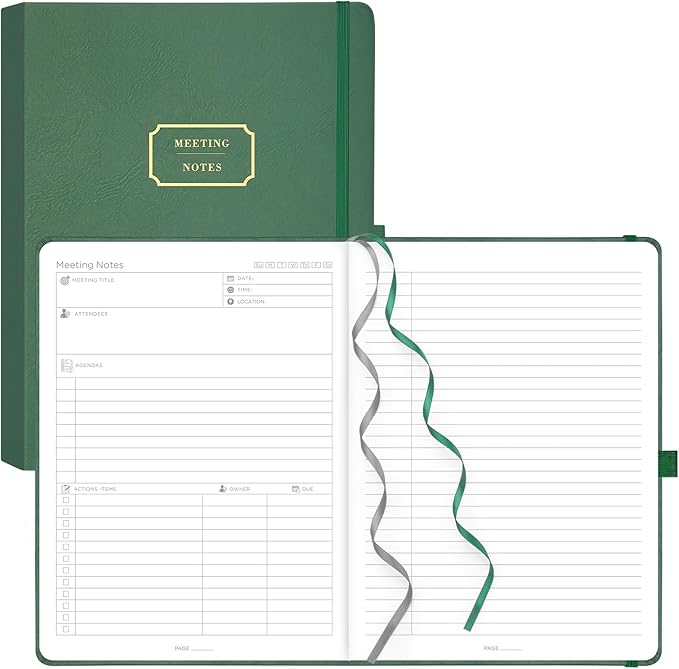 EMSHOI Meeting Notebook for Work with Action Items - 320 Pages B5 Thick Project Planner Agenda Organizer Work Notebook for Women Men Office Business, PU Leather Hardcover, 7.5" x 10", Dark Green