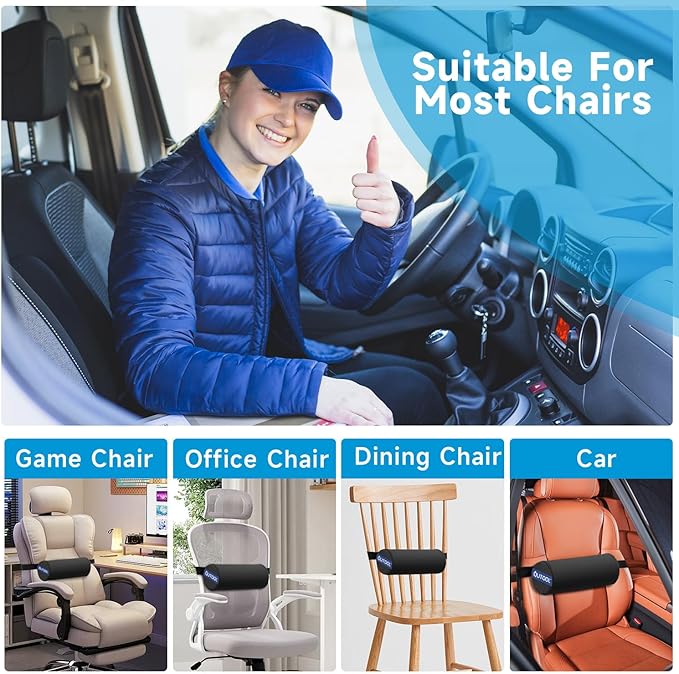 QUTOOL Lumbar Roll, Lumbar Support Pillow for Office Chair with Non-Slip Wider Strap, Back Pain Relief & Posture Improvement, Washable Cover, Office Desk & Car Accessories, Medium Soft