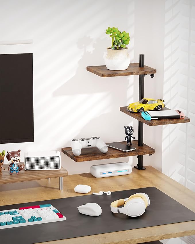 ART-GIFTREE 3 Tiers Clamp On Desk Shelf, 360¡ã Angle Adjustable Desktop Shelf Organizer for Home Office Gaming Room, No Drill Desk Extender Adapt to 0.4-2.16 inches Table Thick, Black Brown