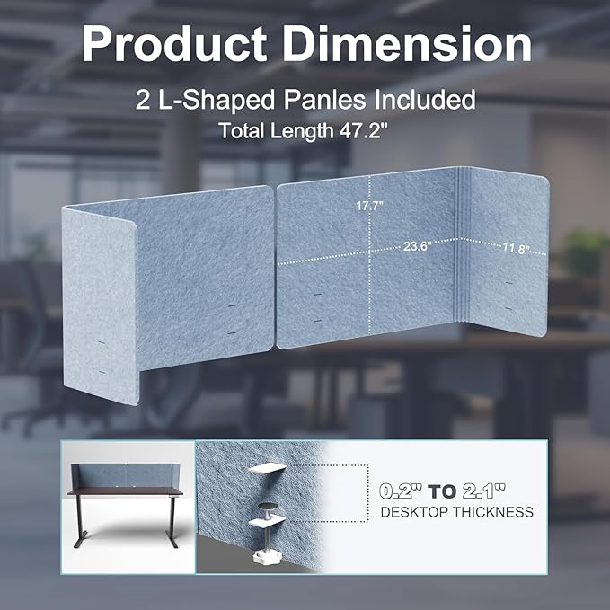 ERGO COLLECT Desk Privacy Panel,2PCS L-Shaped Clamp-On Office Desk Divider,2-in-1 Adjustable Acoustic Desktop Partition Or Under Desk Modesty Screen,for Office,Home,Felt(Blue, 47.2" x 17.7")