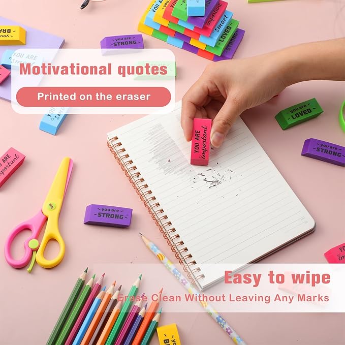 Yaomiao 180 Pcs Inspirational Erasers for Kids Bulk Pencil Beveled Erasers Colorful Motivational Gifts Bulk for Kids Students Classrooms, Drawing, Back to School