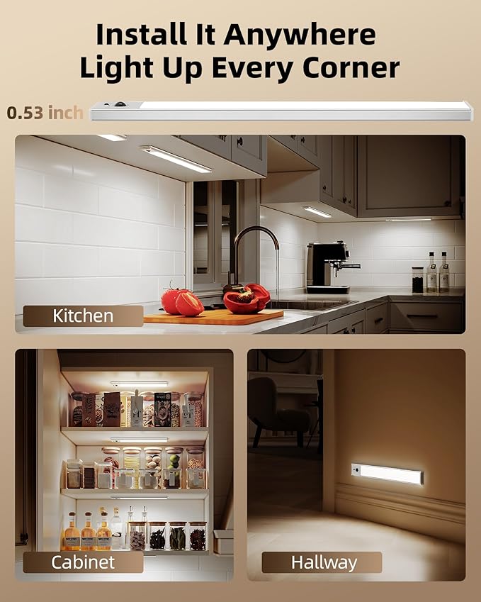 EZVALO 5 Pack Under Cabinet Lighting, 4000mAh Rechargeable Motion Sensor Light, 16.5inch Magnetic Closet Lights with Dimmable & 3 Color Temps, Wireless Motion Activated Lights with Remote for Kitchen