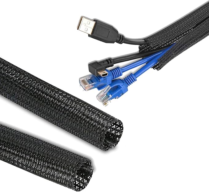 QCSIW 50ft - 1/2 Inch Heavy-Duty Braided Cable Sleeve, Split Wire Loom Tubing Cord Protector for USB/Power/Audio Cables - Flame Retardant, Pet Chew Proof - Black