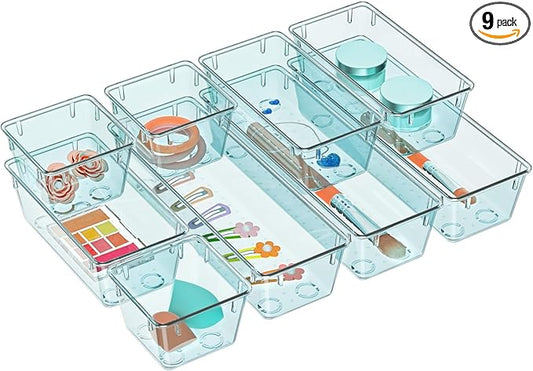 WOWBOX 9 Pack Clear Drawer Organizer Set, Acrylic Drawer Storage Trays, Storage Bins for Makeup, Cosmetics, Jewelries, Utensils, Gadgets, Office, Sea Blue