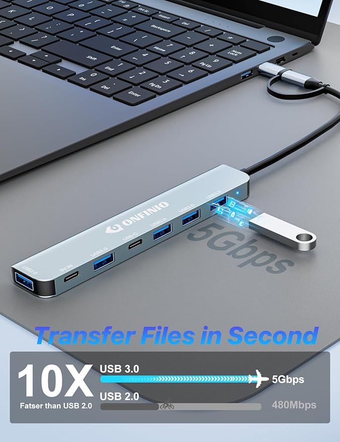 ONFINIO USB C/USB Hub Multiport Adapter,7 in 1 Aluminum USB 3.0 Hub with 1 *USB 3.0, 4*USB 2.0,1*USB C and 1 * 5IN Power Port for PC/Laptop/MacBook/iPad Pro and More Devices