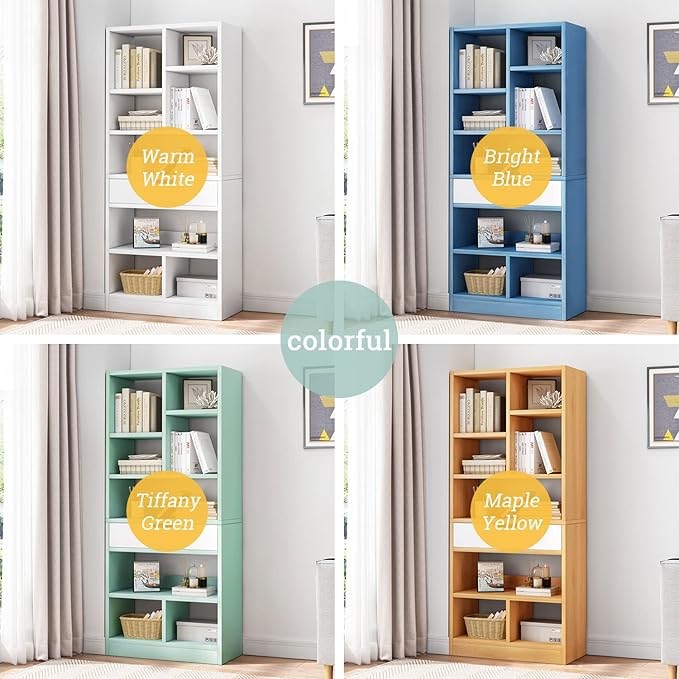 IOTXY Wooden Open Shelf Bookcase - 51" Height Freestanding Display Storage Cabinet Organizer with 7 Cubes and a Drawer, Floor Standing Bookshelf, Blue