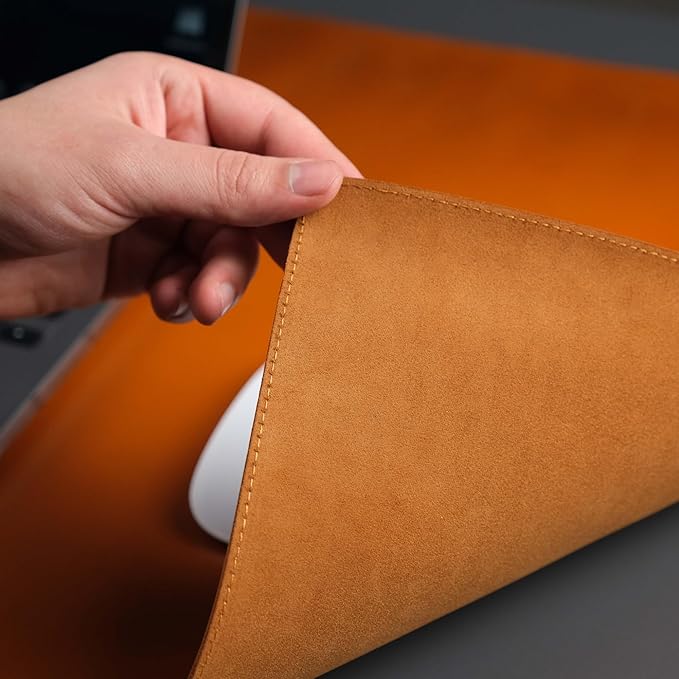 TORONATA Jersey Genuine Calfskin Leather Desk Pad, Office Desk Mat with Non-Slip Bottom, Smooth Surface for Mouse & Keyboard, Desk Protector (14.6x31.5 inches) (Tan)