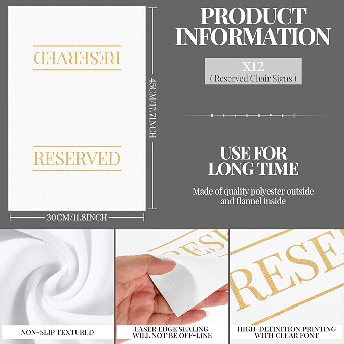 Buryeah 12 Pcs Reserved Seating Signs for Chairs Church Pew Reserved Chair Signs Placeholder with Printed Words for Weddings Parties Celebrations Receptions Church or Event (White,Gold)