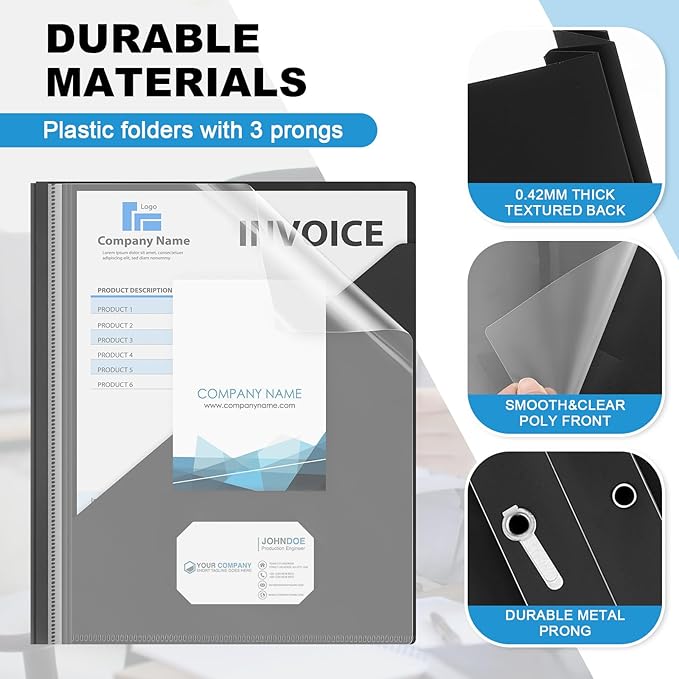 Teling 24 Pcs Clear Front Report Covers with 3 Prongs, Plastic Black Presentation Folders Bulk with 3 Pockets for A4 and Letter Size Paper, 90 Sheet Capacity, Document Covers for School Business