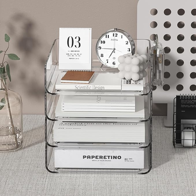 FANXIYQ 4-Tier Acrylic Paper Tray Organizer with Pen Holder | Clear Stackable Desk Organizer for Documents, Letters, A4 Paper | Modern Office/Classroom/Home Organization