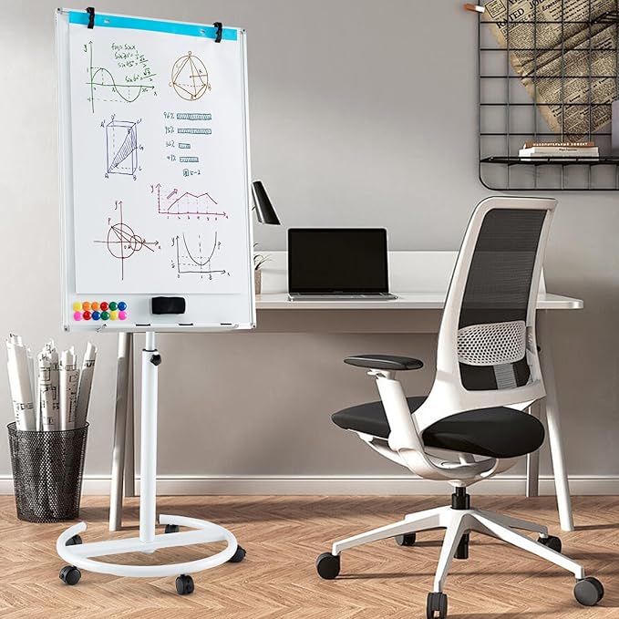 Goplus 40” x 26” Rolling Whiteboard, Height Adjustable Magnetic Dry Erase Board on Wheels with Round Stand, Paper Clips, Storage Tray, Paper Pad, Magnets, Markers, Mobile White Board for Office School