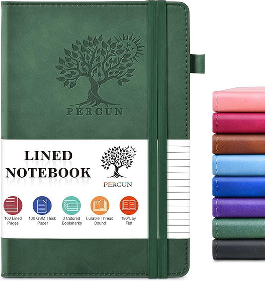 PERCUN Lined Journal Notebook for Men & Women, 160 Pages College Ruled Journal for Writing, A5 Hardcover Leather Notebooks for Work, School, Business, Travel, Daily Diary 5.9" x 8.5" (Green)