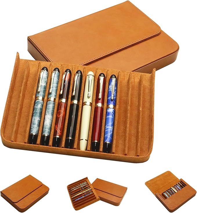 MIVLXLX Leather 12 Fountain Pen/Pencil Tray Case Organizer, Fashion Design, Handmade, Magnetic Closure with Drawer, Christmas Gift for Man/Woman/Office, 12 Slots(brown)