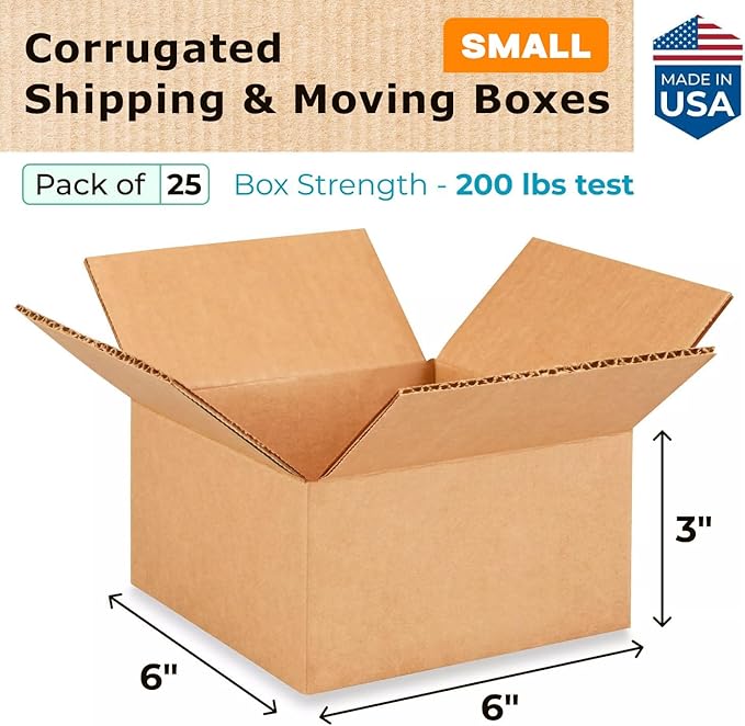 Small Moving & Shipping Boxes 6"L x 6"W x 3"H (25-Pack) - Extra Strength 200 lb vs Regular - Corrugated Moving Box, Made in USA - Small Cardboard Box - Moving Box Heavy Duty by IDL Packaging