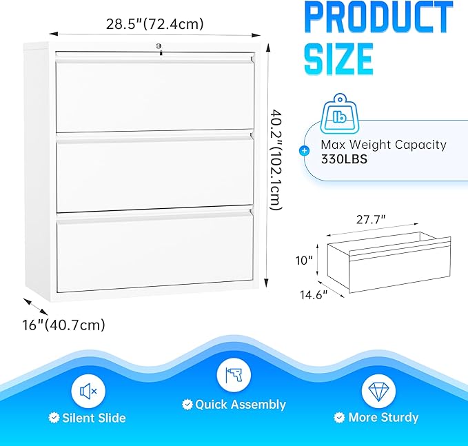 Greenvelly 3 Drawer File Cabinet, Metal Filing Cabinet with Lock, White Lateral File Cabinet for Home Office, Locking File Cabinet for Letter/Legal/F4/A4 Size Hanging Files, Easy Assembly