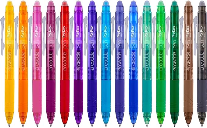 ParKoo Erasable Gel Pens, 15 Colors Retractable Erasable Pens Clicker, Fine Point 0.7mm, Make Mistakes Disappear, Assorted Color Inks for Drawing Coloring Writing Planner