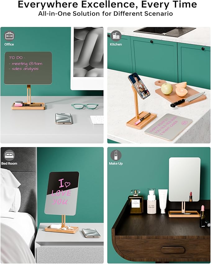 YEOUX Premium Desktop Glass Mirror, Dry Erase Board & Magnetic Phone Stand 3-in-1 | 360° Adjustable | Solid Wood | Compatible with Magsafe, Small Whiteboard for Office Home Desk