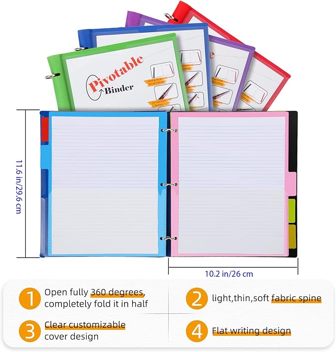 Tashkummy 360° Pivotable Project Organizer Binder, 2 Pack Upgraded 3 Ring Binder with Colored Tab Dividers with Pockets, Customizable Cover Multi Pocket Folder Binder for Home, School, Office- Purple