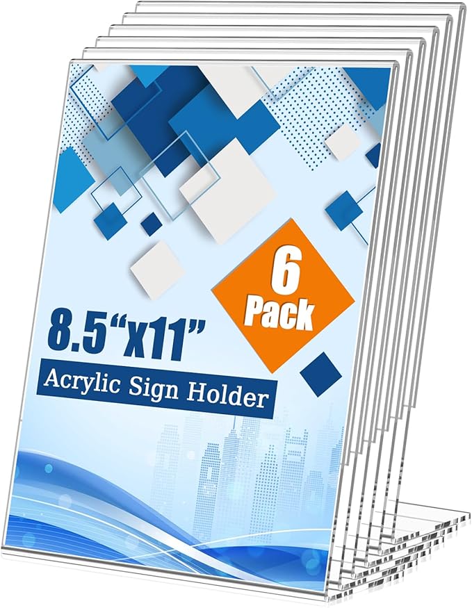 StyEdEk 6 Pack 8.5x11 Inch Acrylic Sign Holder Clear Plastic Table Paper Display Stand L-Shape Vertical Menu Holder Stand Picture Photo Flyer Display Stand for Desktop Flyers, Documents, Office, Restaurants