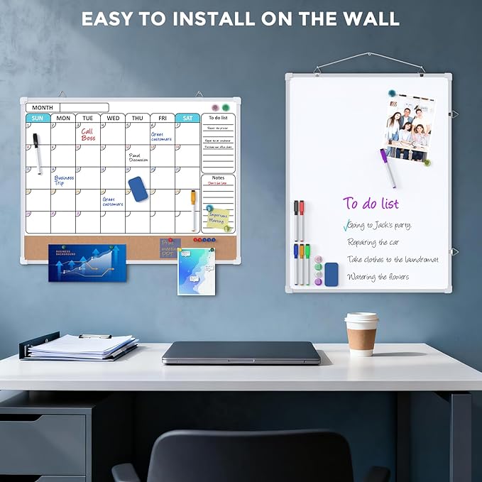 MaxGear Monthly Calendar Whiteboard Dry Erase Cork Board for Wall, 24"x18" Double-Sided Dry Erase White Board Calendar with Bulletin Board, Hanging Dry Erase Board for Office, Home, School