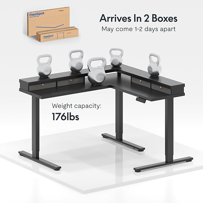 FLEXISPOT 63" L Shaped Standing Desk Electric Corner Table with Monitor Shelf, 4 Storage Drawers, Adjustable Computer Workstation for Home, Office, Game, Studio, Black Top + Black Frame