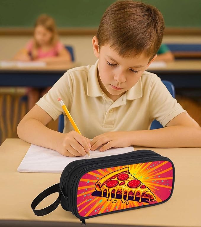 AnySmic Pizza Pencil Case for Boys Girls, Large Durable Pencil Pouch for Kids, Polyester Big Capacity Pen Case Gifts, Double Zipper, Food Single-sided Printed Bag Organizer