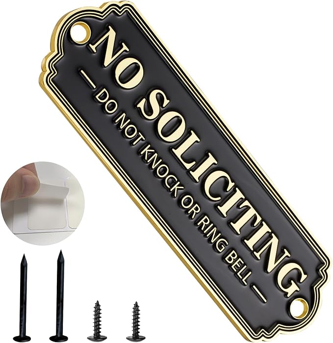 Brass No Soliciting Sign, No Soliciting Sign for House - Solid Brass Wall Plaque Handmade Traditional Home Decor, Elegant No Soliciting Do Not Knock or Ring Bell Sign for Office and Business (Brass No Soliciting Sign Yellow, 5 x 1.6 inches)