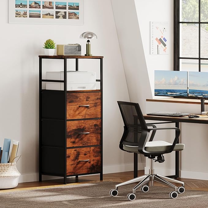 DreamDashio 51" H Tall Mobile File Cabinet, Rolling Printer Stand with 3 Drawers, Adjustable Hanging Rails for A4/Letter/Legal Files, Fabric Vertical Filing Cabinet for Home Office, Rustic Brown