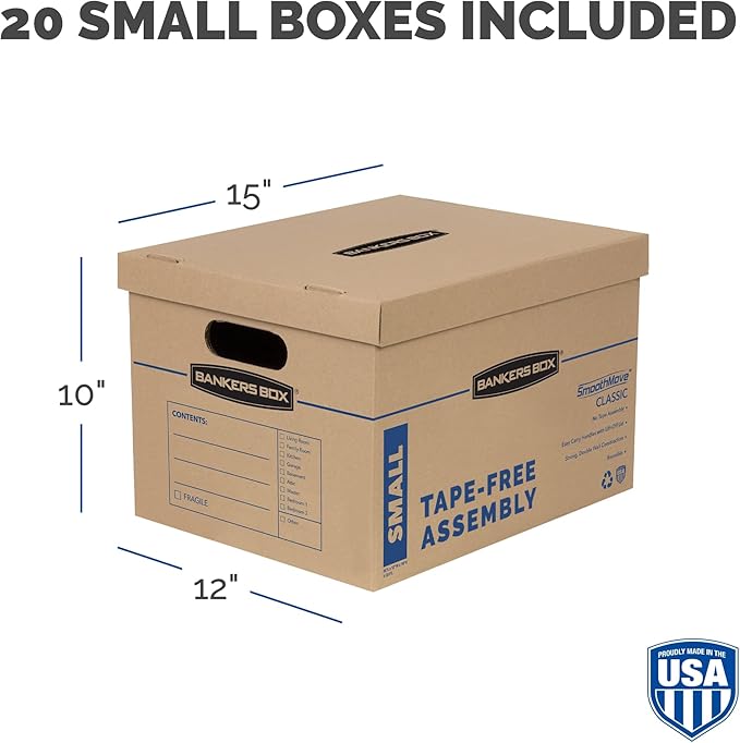 Bankers Box Small Classic Moving Box 20 Pack, Reinforced Handles, Tape-Free Assembly, Box with Lid, 15-in x 12-in x 10-in (7714210)