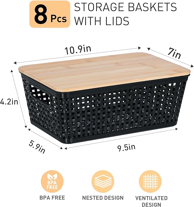 Anywish Storage Bins with Lids 8 Packs, Plastic Storage Bins with Bamboo Lids for Pantry Organization and Storage Containers for Shelves Drawers Desktop Closet Playroom Classroom Office Home, Black