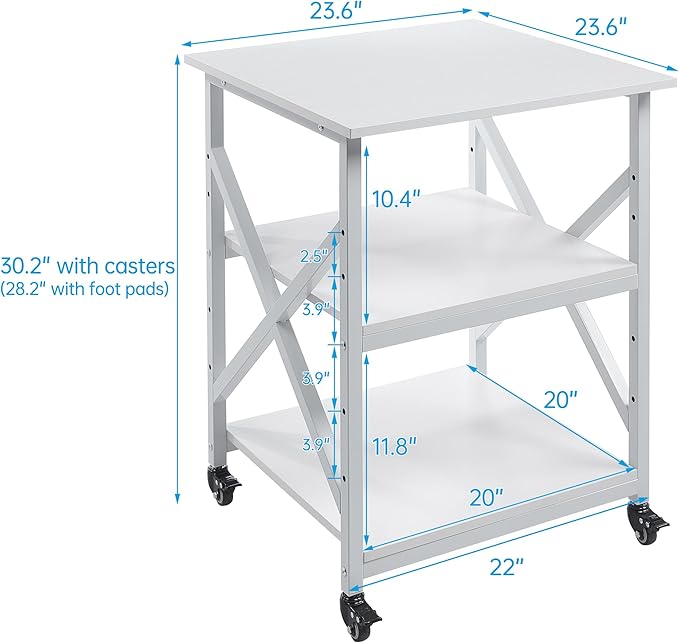 Fannova Large Printer Stand with Height Adjustable Storage Shelf, 23.6 x 23.6 Inches Square Printer Table with Industrial Wheels, Multi-use 3 Tier Rolling Printer Cart for Home Office - White