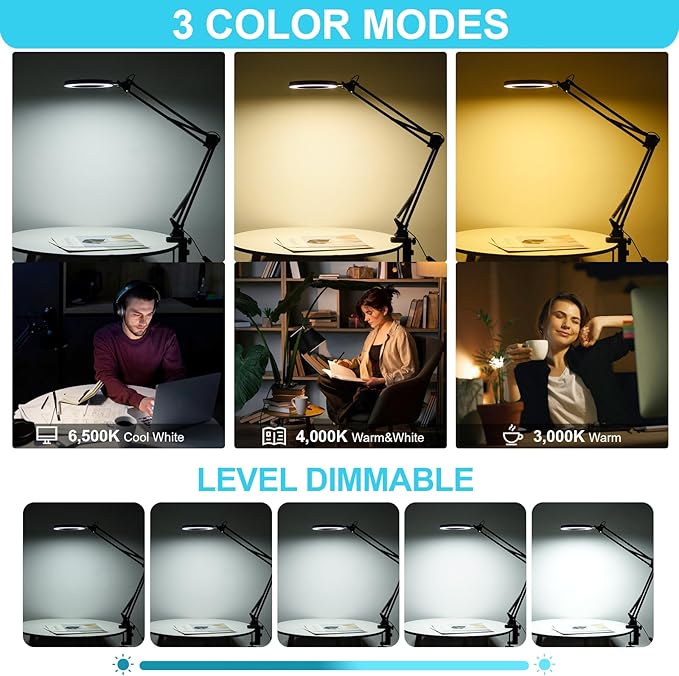 LED Magnifier Desk Lamp with Stand, 3 Color Modes & Stepless Dimming 5-Diopter Glass Lens, Adjustable Swivel Arm - Magnifying lamp for Close Work, Repair, Crafts, Reading - Long