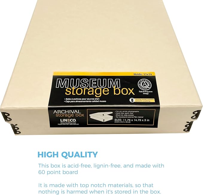 Lineco Museum Archival Storage Box, 11.75x14.75x3 in. Drop Front Design. Acid-Free with Metal Edge. Organize Photos, Pictures, Prints, Documents, Crafts, DIY. Tan, 1 Pack