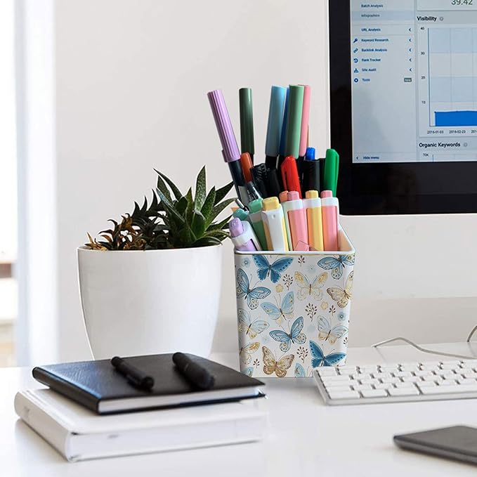 LEAZUL Pen Pencil Holder, Makeup Brush Holder,Ceramic Remote Control Holders Organizer with 2 Compartment Floral Multi-functional Office Organizers Storage Caddy Desk Tv Remote Holders Shiny Butterfly