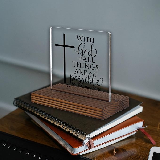 Matthew 19:26 Desk Sign, Christian Bible Verse Decor With God All Things Are Possible Gift for Women Men, Inspirational Faith Plaque for Office, Birthday, Baptism, Retirement, Christmas PA131