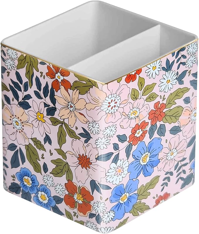 LEAZUL Pen Pencil Holder, Makeup Brush Holder,Ceramic Remote Control Holders Organizer with 2 Compartment Floral Multi-functional Office Organizers Storage Caddy Desk Tv Remote Holders Pink Flowers