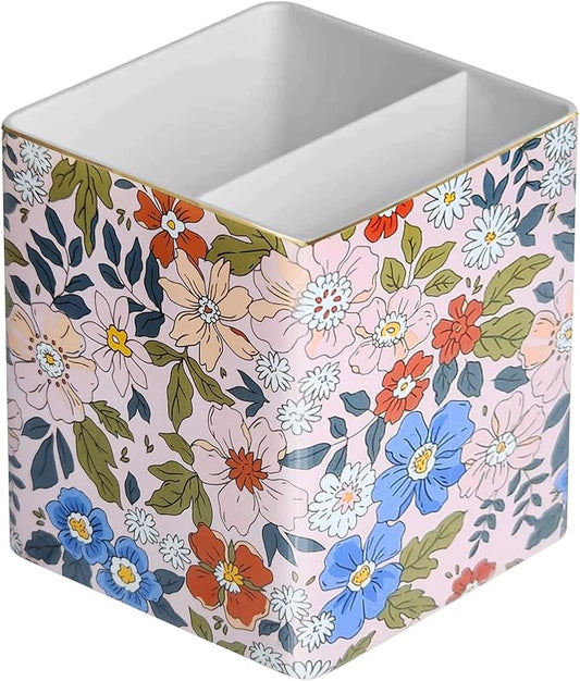LEAZUL Pen Pencil Holder, Makeup Brush Holder,Ceramic Remote Control Holders Organizer with 2 Compartment Floral Multi-functional Office Organizers Storage Caddy Desk Tv Remote Holders Pink Flowers