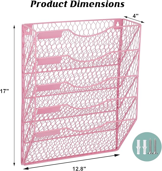 EASEPRES Mail Organizer Wall Mount Hanging File Holder Storage, Metal Chicken Wire Magazine Rack 5 Tier, Pink