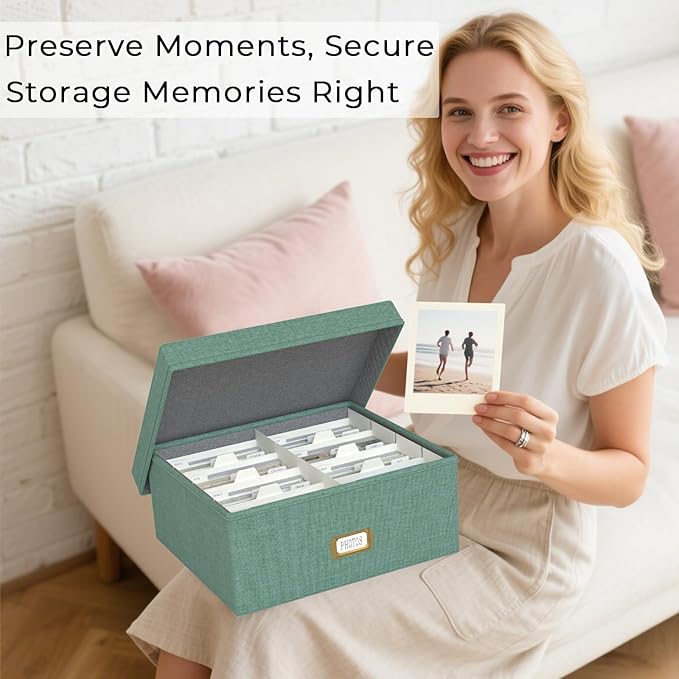 Decorative Photo Storage Box - Linen Photo Box Organizer with Dividers, Fits Holds Up to 1700 Pictures and 4x6 Photos, Memory Keepsake Organizer for Photos, Scrapbook Supplies, Cards, Stamps (Green)