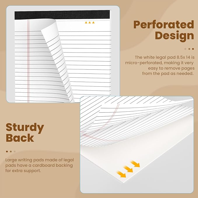 Legal Pads 8.5 x 14 Note Pads, 6 Pack Writing Pads Wide Ruled Notepads, Micro Perforated Notepad, Double-Side Printed Lined Paper Pads 30 Sheets per Notepad, White Legal Pads for Home, Office, School