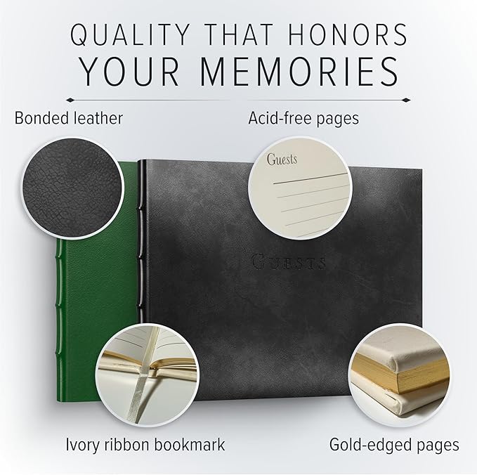 Gallery Leather Guest Book - Great for Wedding, Reception, Baby and Bridal Shower, Birthday Party and Vacation Home - 192 Lined Pages to Sign in, add Polaroid Photo - Hardcover 9x7" - Acadia Green